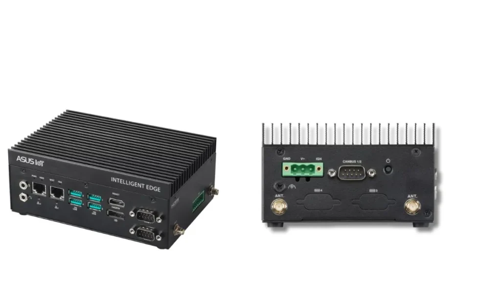 ASUS PE1000U fanless industrial edge PC with heatsink chassis and multiple I/O ports