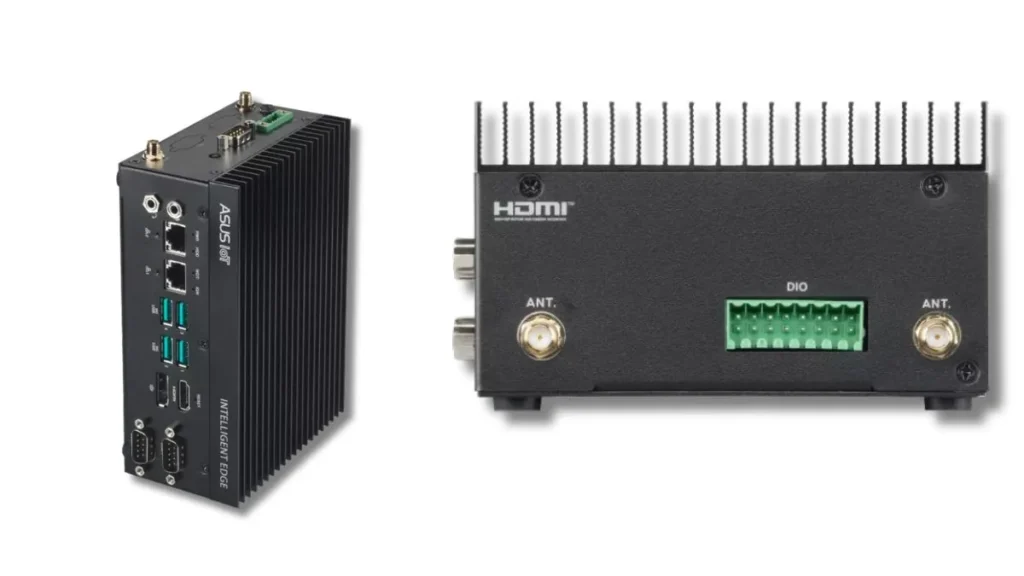 ASUS PE1000U fanless industrial edge PC shown in vertical mounting orientation