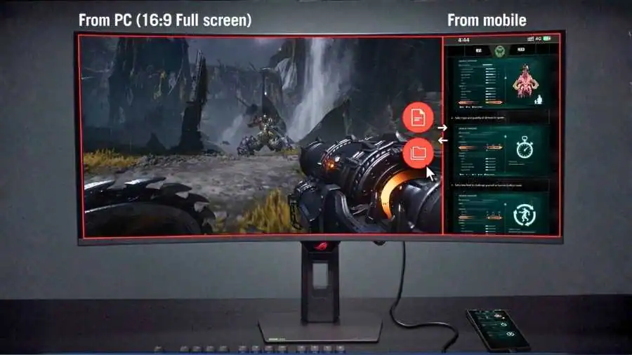 ASUS ROG XG34WCDMTG ultrawide monitor showing MultiScreen support from PC and mobile