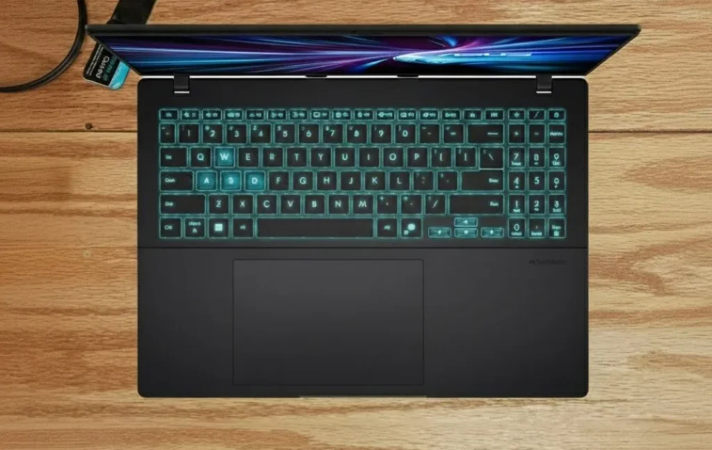 ASUS V16 gaming laptop keyboard top view with backlit keys