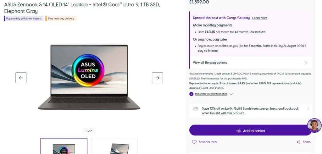 ASUS Zenbook S14 UK Launch With Core Ultra 9 386H 2 ASUS Zenbook S14 OLED 14-inch laptop with Intel Core Ultra 9 shown on Currys UK product page