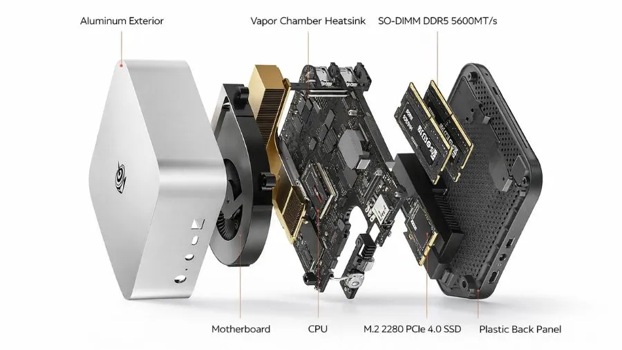 Beelink SER10 Max Mini PC internal design showing Ryzen AI 9 HX 470 components