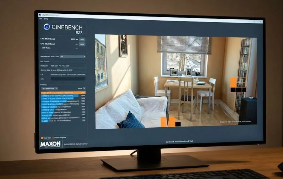 What Is Cinebench R23? CPU Performance Explained Simply 9 Cinebench R23 rendering test displayed on a desktop monitor using a CPU-based workload