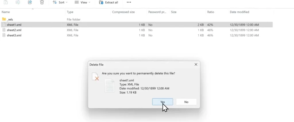 Confirming deletion of the original sheet1.xml file inside an Excel ZIP archive.