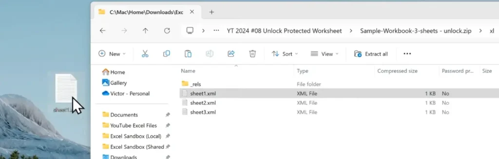 Copying the sheet1.xml file from the worksheets folder of an Excel ZIP file to the Desktop.