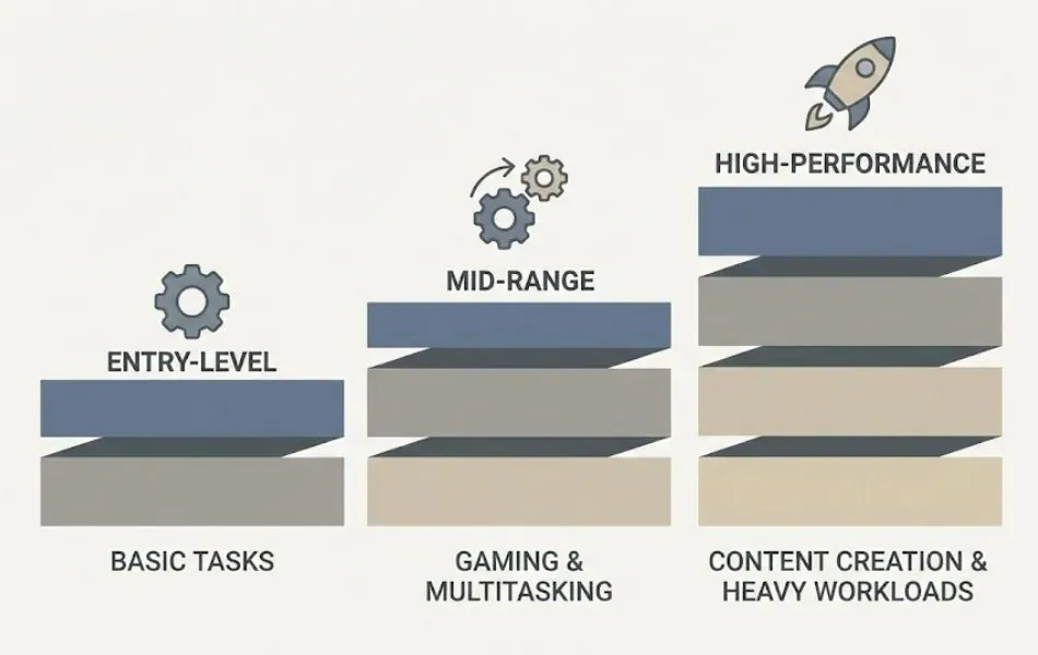 What Is Cinebench R23? CPU Performance Explained Simply 6 Illustration showing entry-level, mid-range, and high-performance CPU workload tiers