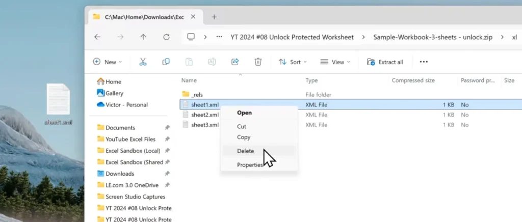 Deleting the original sheet1.xml file from the worksheets folder inside an Excel ZIP file.
