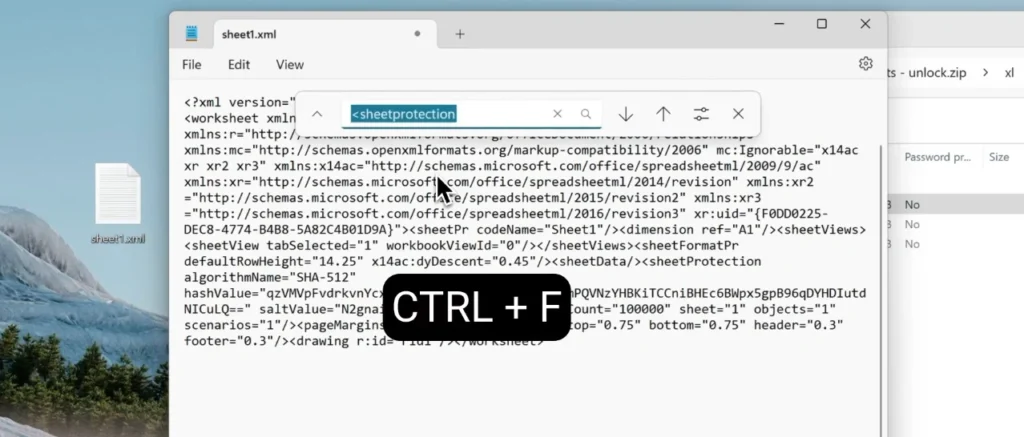 Searching for the sheetProtection tag in a worksheet XML file using Ctrl F in Notepad.
