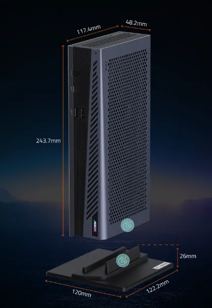 Gigabyte Aorus RTX 5060 Ti Thunderbolt 5 eGPU showing vertical chassis design and dimensions