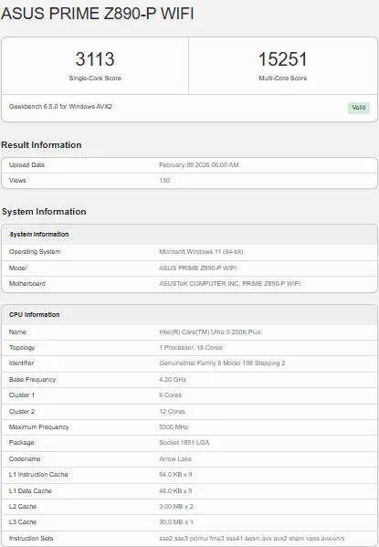 Geekbench listing showing Intel Core Ultra 5 250K Plus with 18 cores