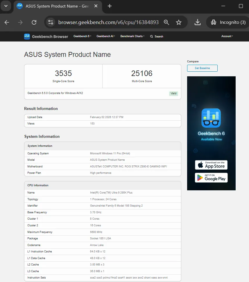 Intel Core Ultra 9 290K Plus Leak Shows 11% Gain Over 285K 1 Geekbench 6 benchmark listing showing single-core and multi-core scores for the Intel Core Ultra 9 290K Plus.