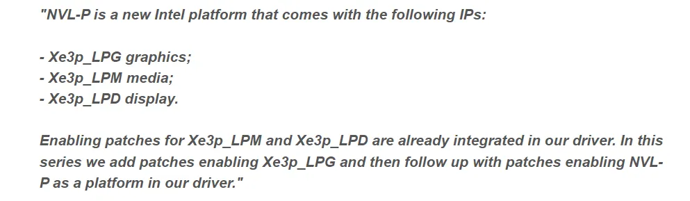 Intel NVL-P platform details showing Xe3p-LPG graphics, Xe3p-LPM media, and Xe3p-LPD display support