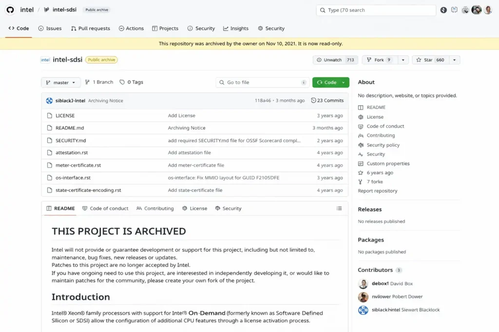 Intel SDSi GitHub repository showing archived and read-only status for Software Defined Silicon tools