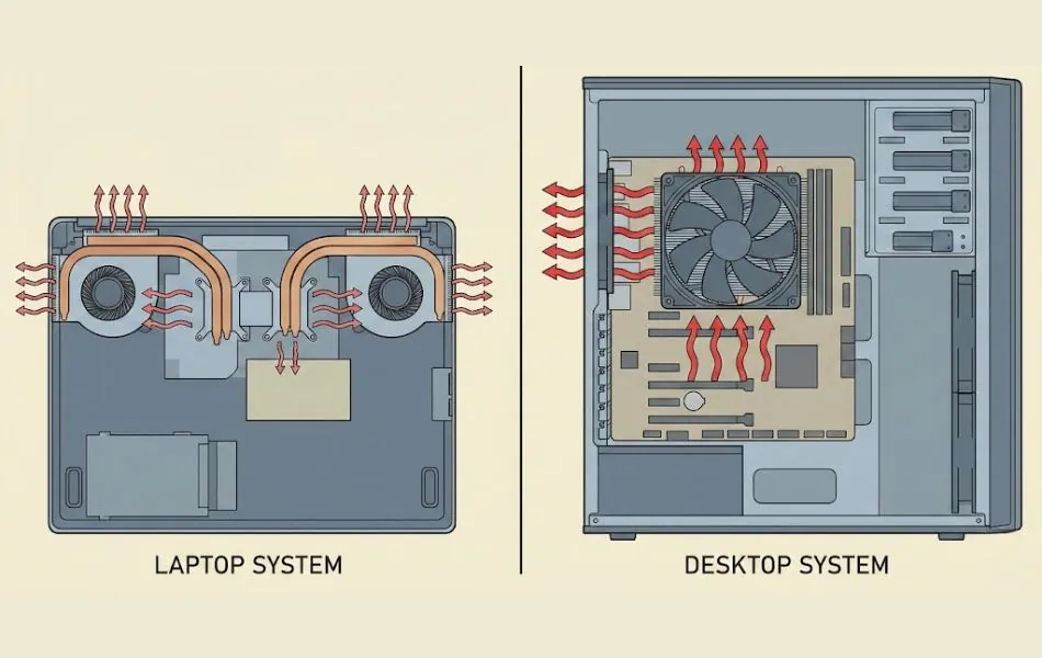 What Is Cinebench R23? CPU Performance Explained Simply 7 Diagram comparing laptop and desktop CPU cooling system designs