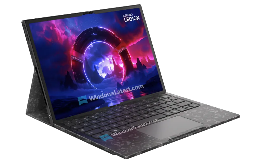 Lenovo Legion Go Fold Concept to Debut at MWC 2026 2 Lenovo Legion Go Fold concept shown in expanded desktop mode with built-in keyboard