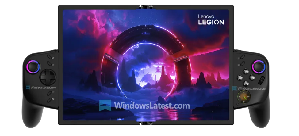 Lenovo Legion Go Fold Concept to Debut at MWC 2026 1 Lenovo Legion Go Fold concept in full-screen handheld gaming mode with detachable controllers