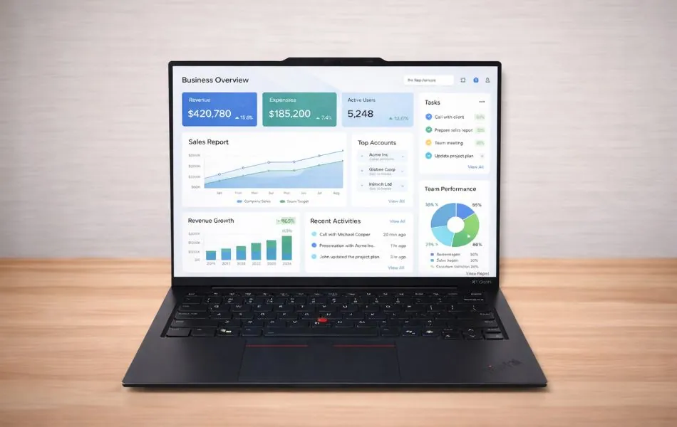 7 Best Laptops for Teletherapy & Telehealth in 2026 20 Lenovo ThinkPad X1 Carbon Gen 13 laptop showing a business dashboard interface on screen.