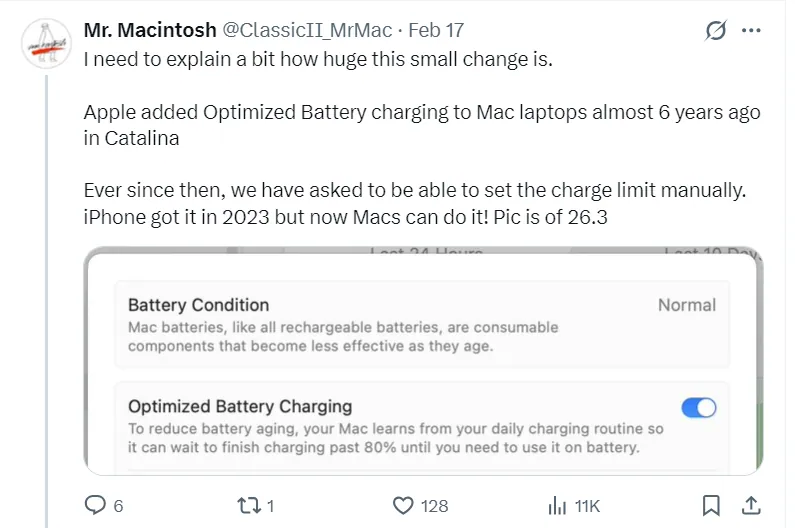 Mac battery settings showing Optimized Battery Charging and battery condition panel in macOS