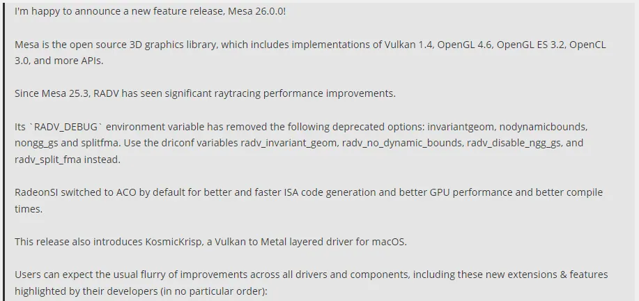Mesa 26.0 release notes highlighting RADV ray tracing improvements and Vulkan 1.4 support
