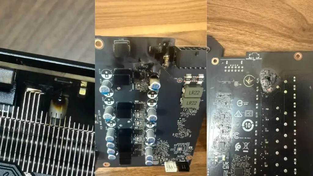 MSI RTX 4080 Super graphics card PCB showing burn damage after catching fire during testing