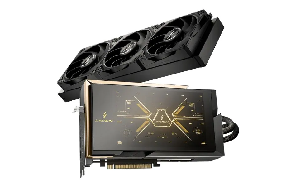 MSI RTX 5090 Lightning Z liquid-cooled graphics card with triple-fan radiator