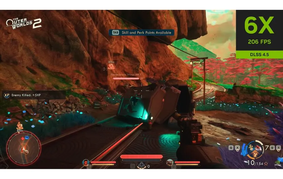 Gameplay showing DLSS 4.5 achieving 6x dynamic frame generation performance