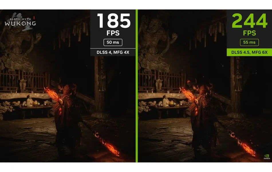 Side-by-side comparison showing DLSS 4.5 outperforming DLSS 4 with higher frame rates