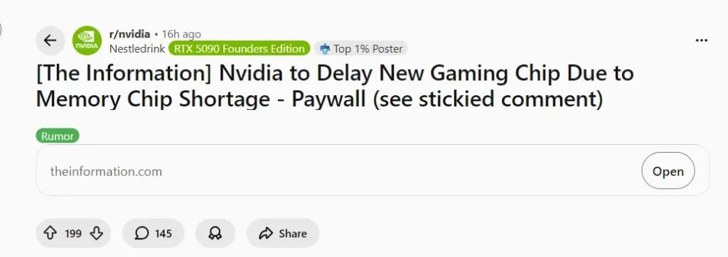 Reddit post discussing Nvidia delaying a new gaming chip due to memory shortage