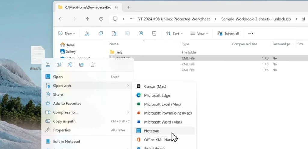 Opening a worksheet XML file using Notepad from the Excel ZIP archive.