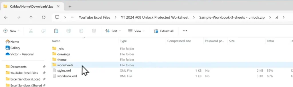 Opening the worksheets folder inside the xl directory of an Excel ZIP file.
