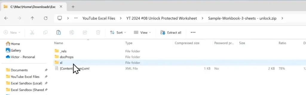 Opening the xl folder inside a ZIP version of an Excel file to access worksheet data.