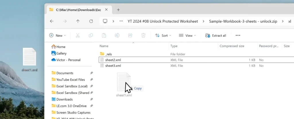 Pasting the modified sheet1.xml file back into the worksheets folder of an Excel ZIP file.