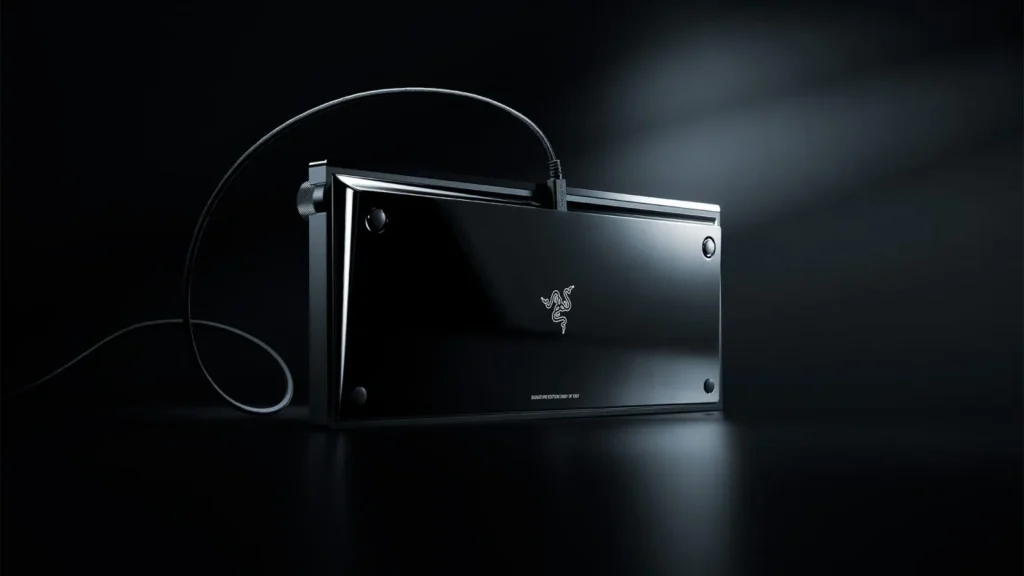 Rear view of Razer Huntsman Signature Edition showing polished aluminum back panel
