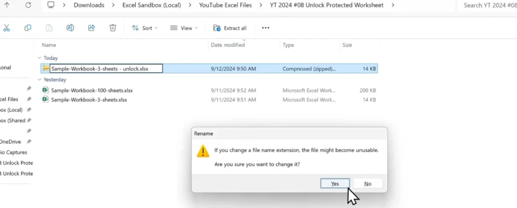 Confirming the file extension change from ZIP to XLSX for the modified Excel workbook.