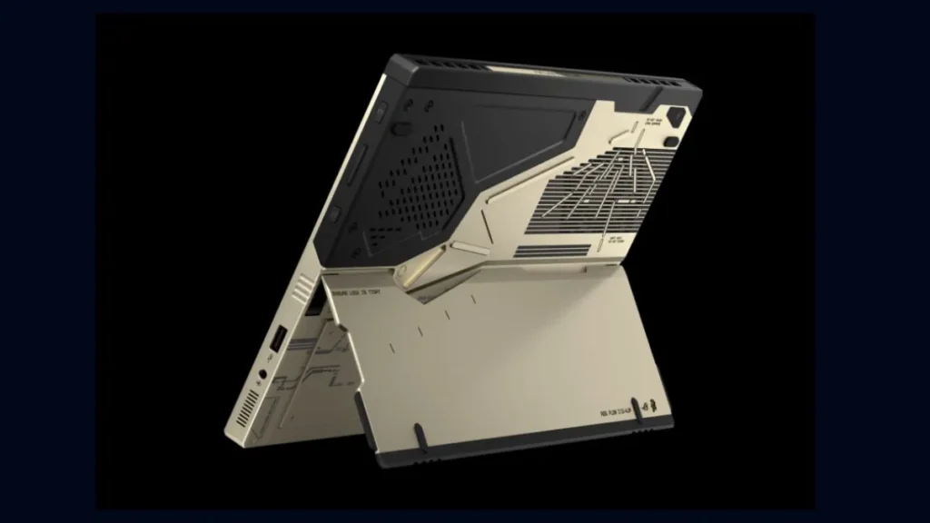 Rear view of the ROG Flow Z13-KJP showing vent patterns and integrated kickstand