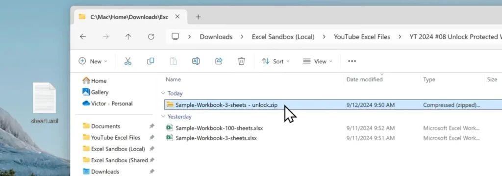 Selecting the Excel ZIP file before changing it back to XLSX format.