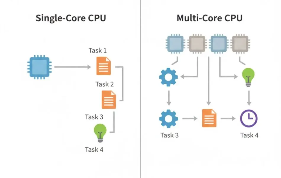 What Is Cinebench R23? CPU Performance Explained Simply 3 Diagram comparing single-core and multi-core CPU task processing