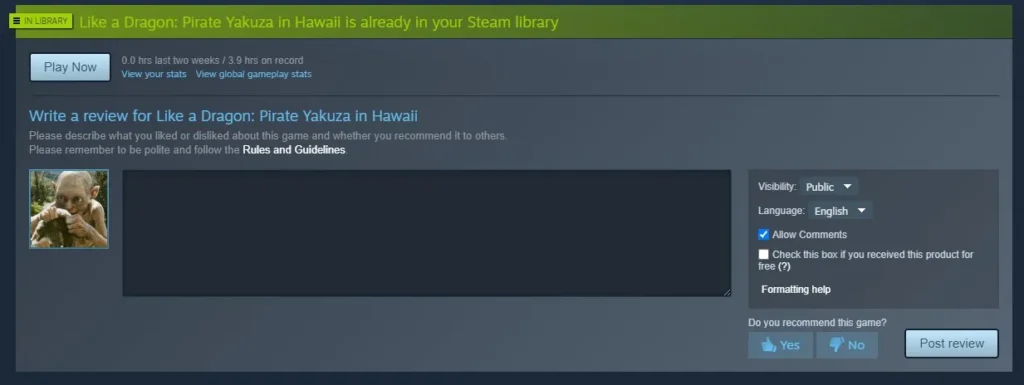 Steam review editor with Attach PC Specs to this review checkbox enabled