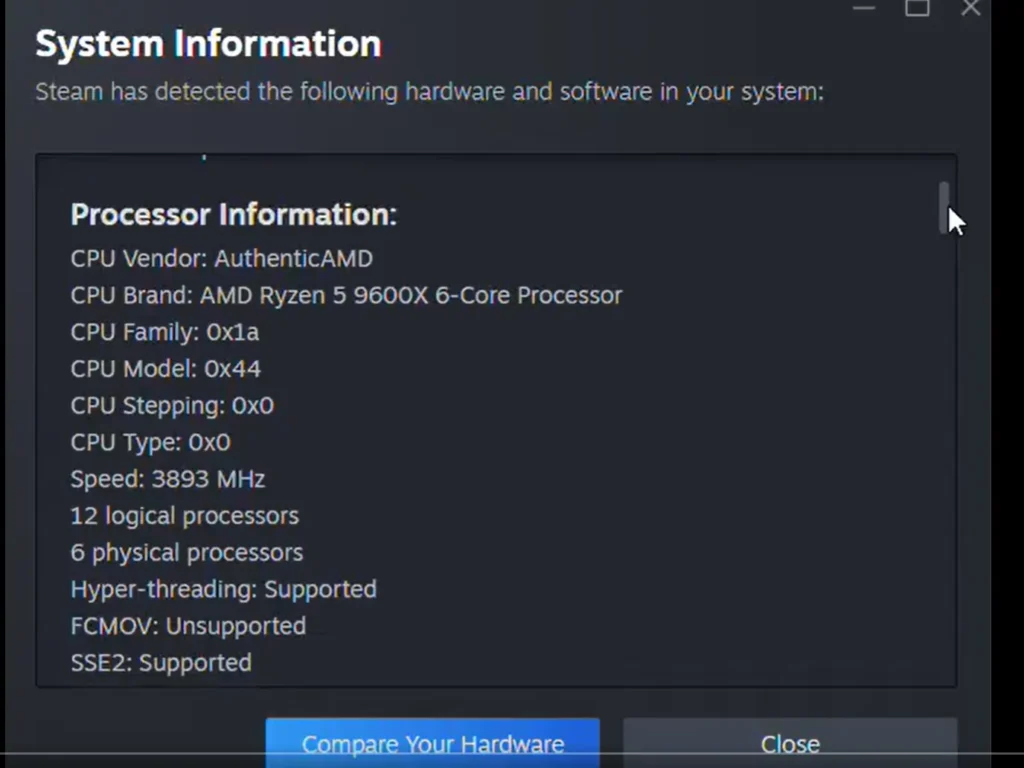 Steam system information window listing AMD Ryzen processor details