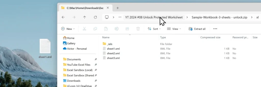 Verifying the modified sheet1.xml file inside the worksheets folder of an Excel ZIP archive.