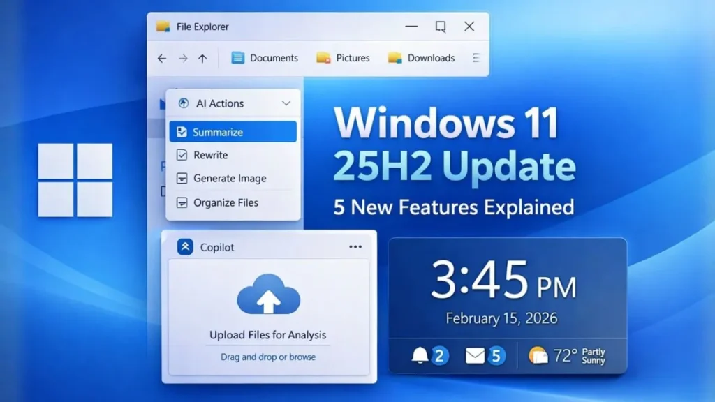 Windows 11 24H2 Adds Built-In Speed Test and Native Sysmon Tool 1 Windows 11 25H2 update featuring AI Actions in File Explorer, Copilot file upload, and big clock in Notification Center