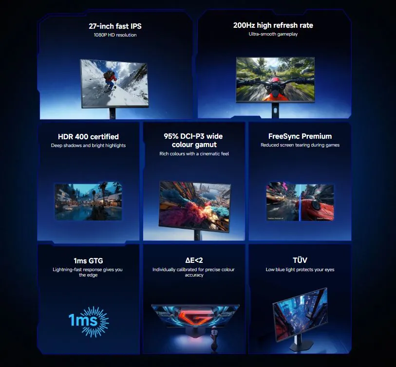 Xiaomi G27Qi 2026 specifications showing 200Hz refresh rate, HDR400 and 95% DCI-P3 color gamut