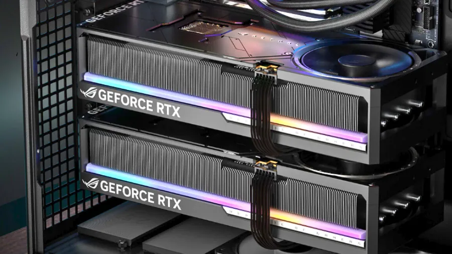 Antec 900 full-tower case with dual GeForce RTX GPUs installed