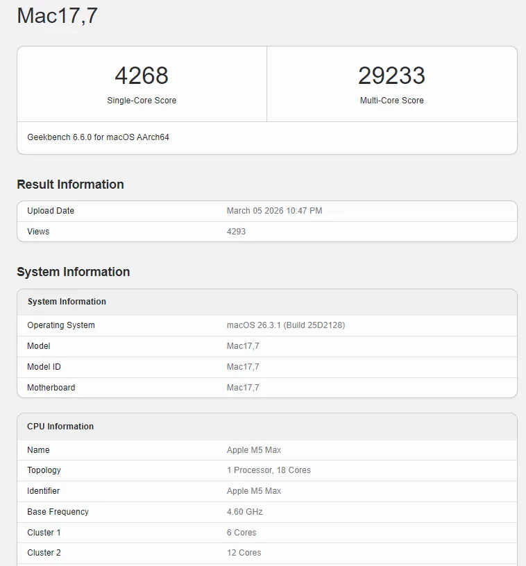 Geekbench result page showing Apple M5 Max with single core score 4268 and multi core score 29233