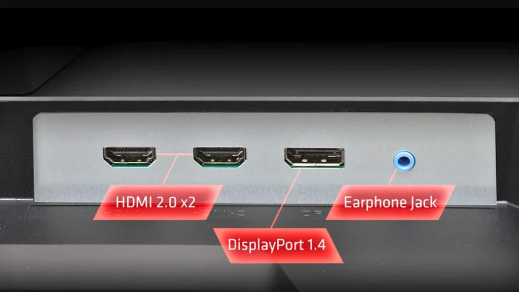 ASRock PG27QFT2C gaming monitor showing HDMI 2.0, DisplayPort 1.4, and earphone jack ports