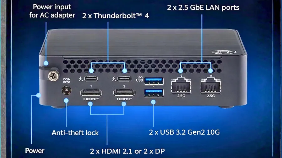 ASUS NUC 16 Pro mini PC rear ports with Thunderbolt 4 and dual LAN