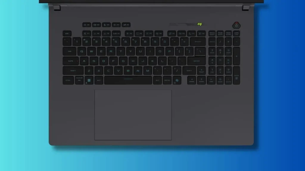 Top view of ASUS ROG Strix G18 2026 keyboard with full-size layout and gaming-focused keys