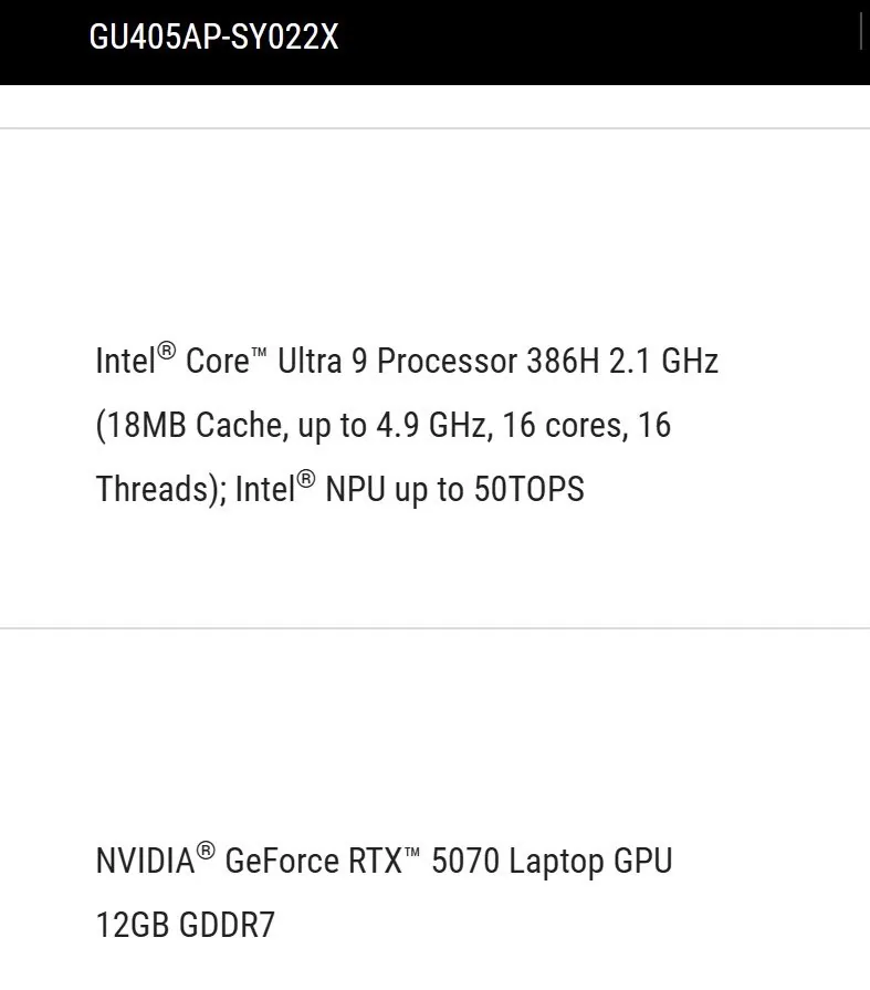 ASUS laptop specification sheet referencing RTX 5070 laptop GPU with GDDR7 memory