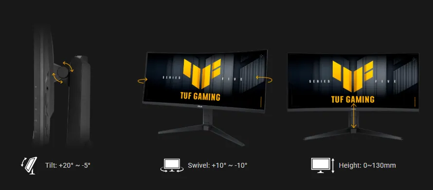 ASUS TUF Gaming VG34WQML5A ultrawide monitor showing tilt, swivel and height adjustment