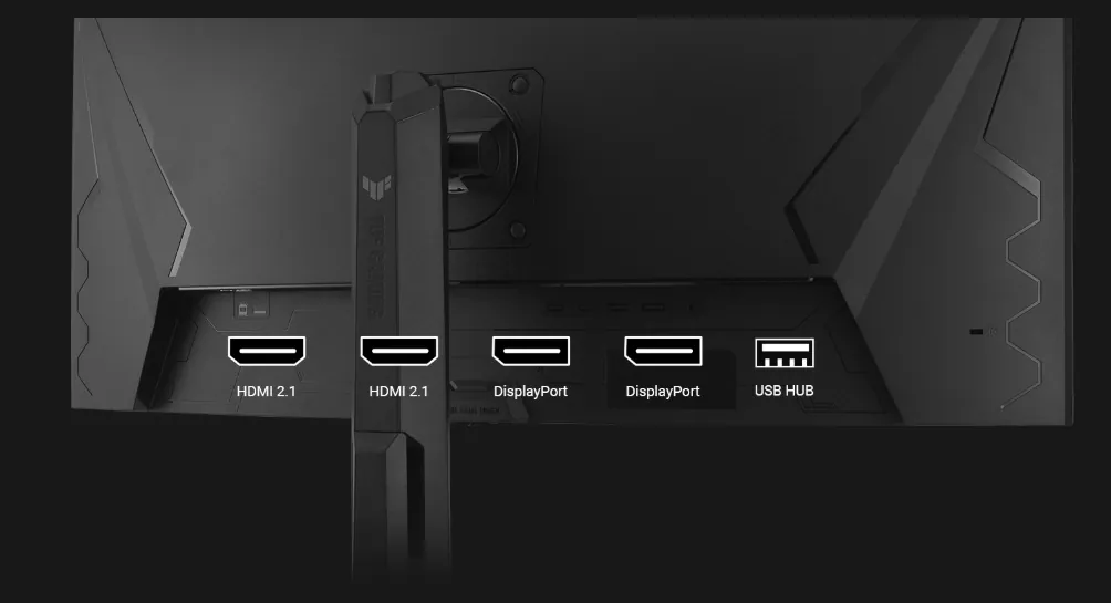 ASUS TUF Gaming VG34WQML5A monitor ports including HDMI 2.1 DisplayPort and USB hub